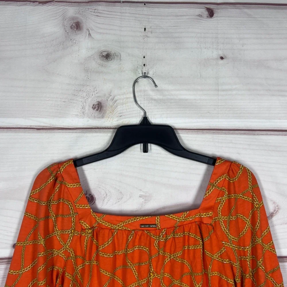 Michael Kors Chain Print Top Womens Small Orange Geometric Ruffle Sleeve Blouse